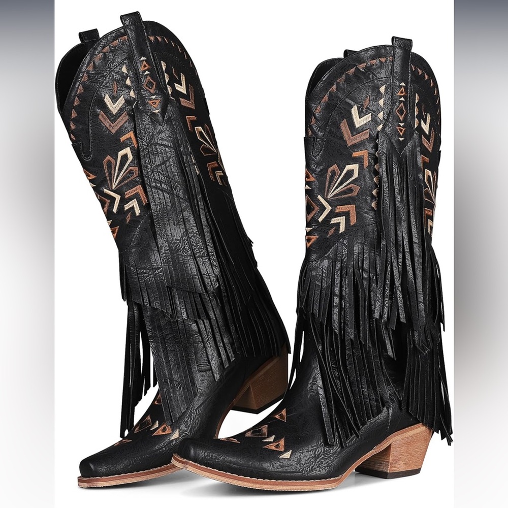Black Fringe Western Boots - Picture 2 of 7